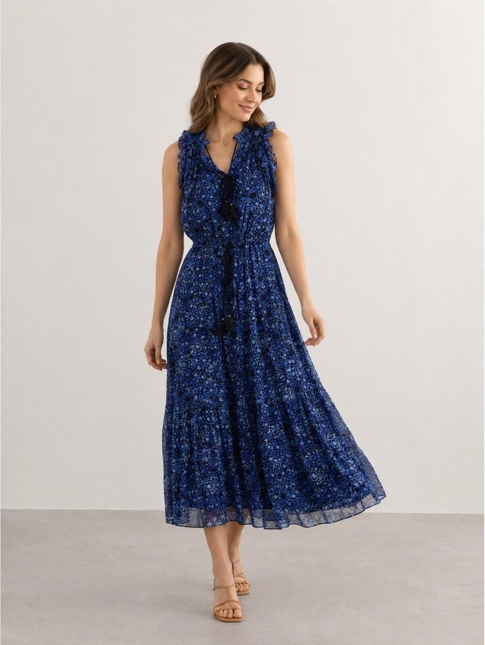 Figue Women’s Med NWT Gabriella Midi Dress in Paradise Batik Blue Resortwear